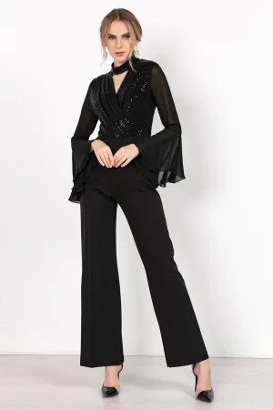 16228 Black Sequin Top Chiffon Sleeve Jumpsuit