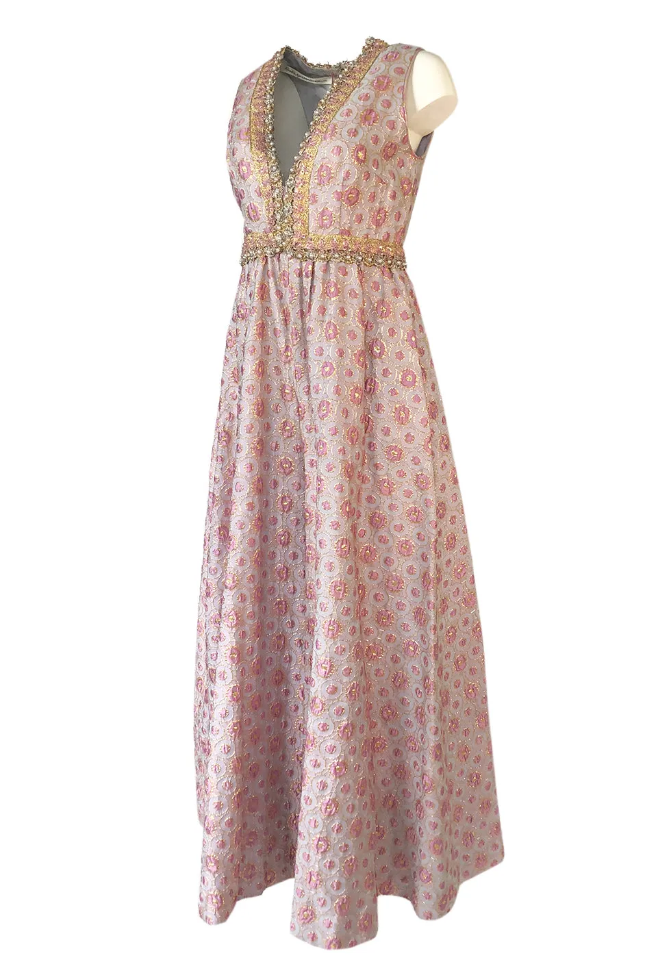 1960s I. Magnin Pale Pink & Lavendar Metallic Beaded Wide Leg Jumpsuit