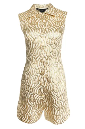 1970s Lanvin Metallic Gold Lame & Ivory One Piece Playsuit Jumpsuit