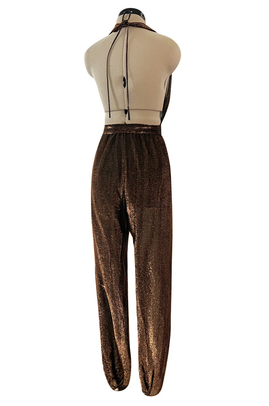 1970s Unlabeled Metallic Copper Lame Lurex Backless Jumpsuit w Halter Front