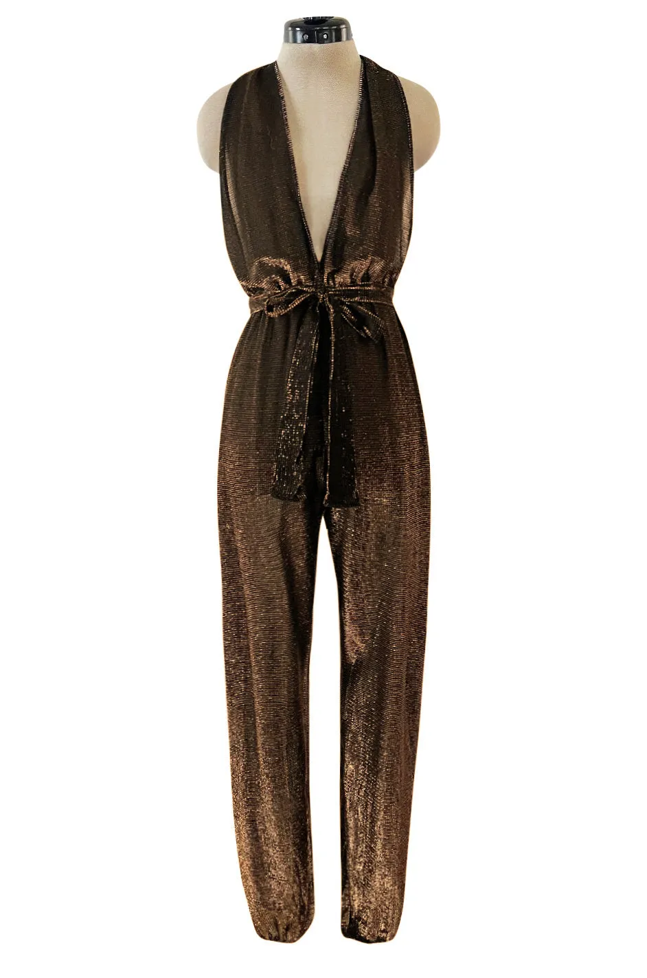 1970s Unlabeled Metallic Copper Lame Lurex Backless Jumpsuit w Halter Front