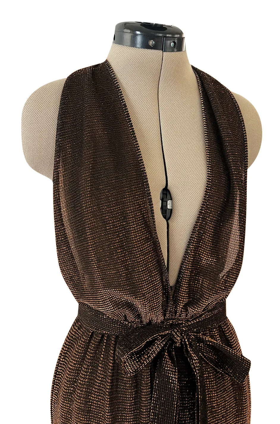 1970s Unlabeled Metallic Copper Lame Lurex Backless Jumpsuit w Halter Front