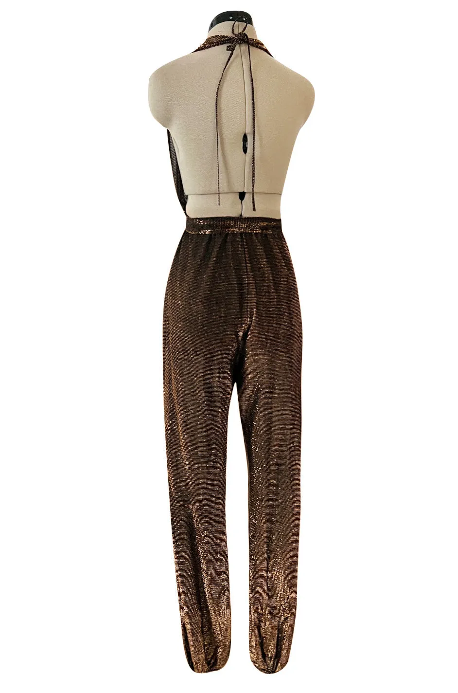 1970s Unlabeled Metallic Copper Lame Lurex Backless Jumpsuit w Halter Front