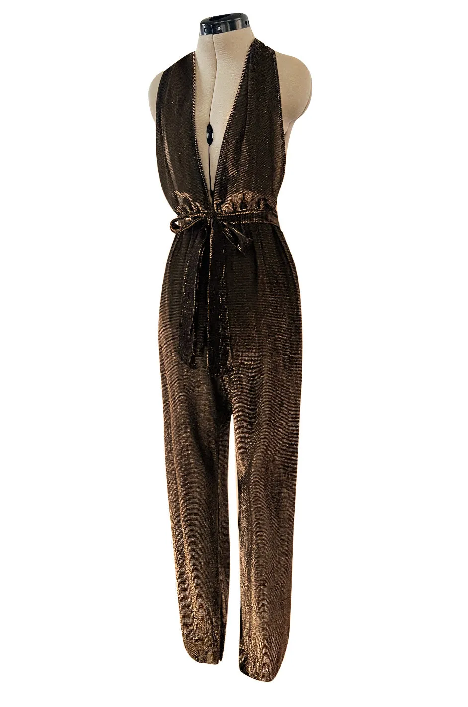 1970s Unlabeled Metallic Copper Lame Lurex Backless Jumpsuit w Halter Front