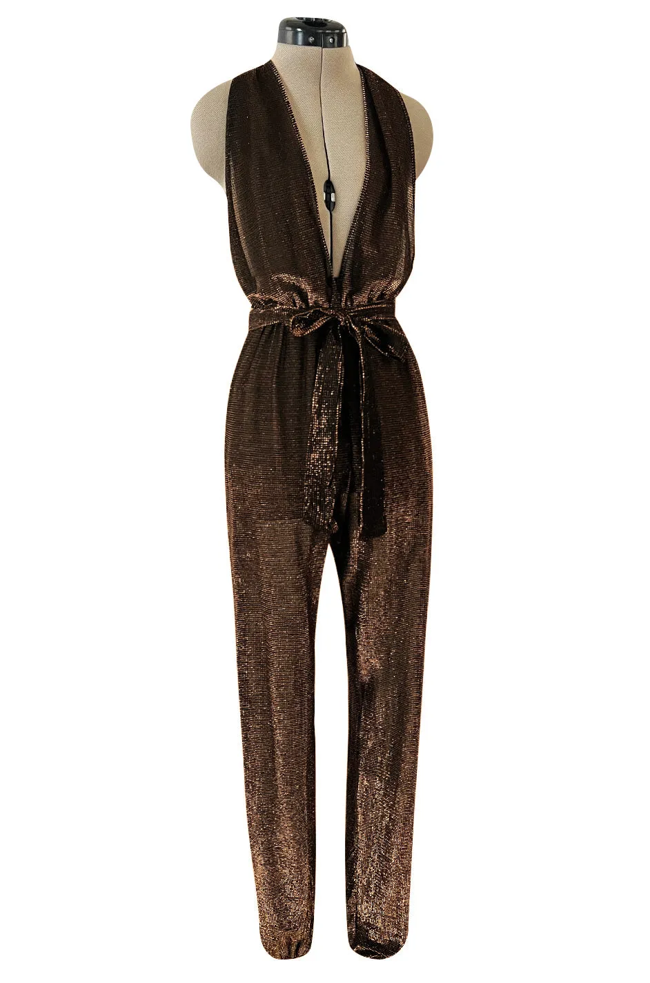 1970s Unlabeled Metallic Copper Lame Lurex Backless Jumpsuit w Halter Front