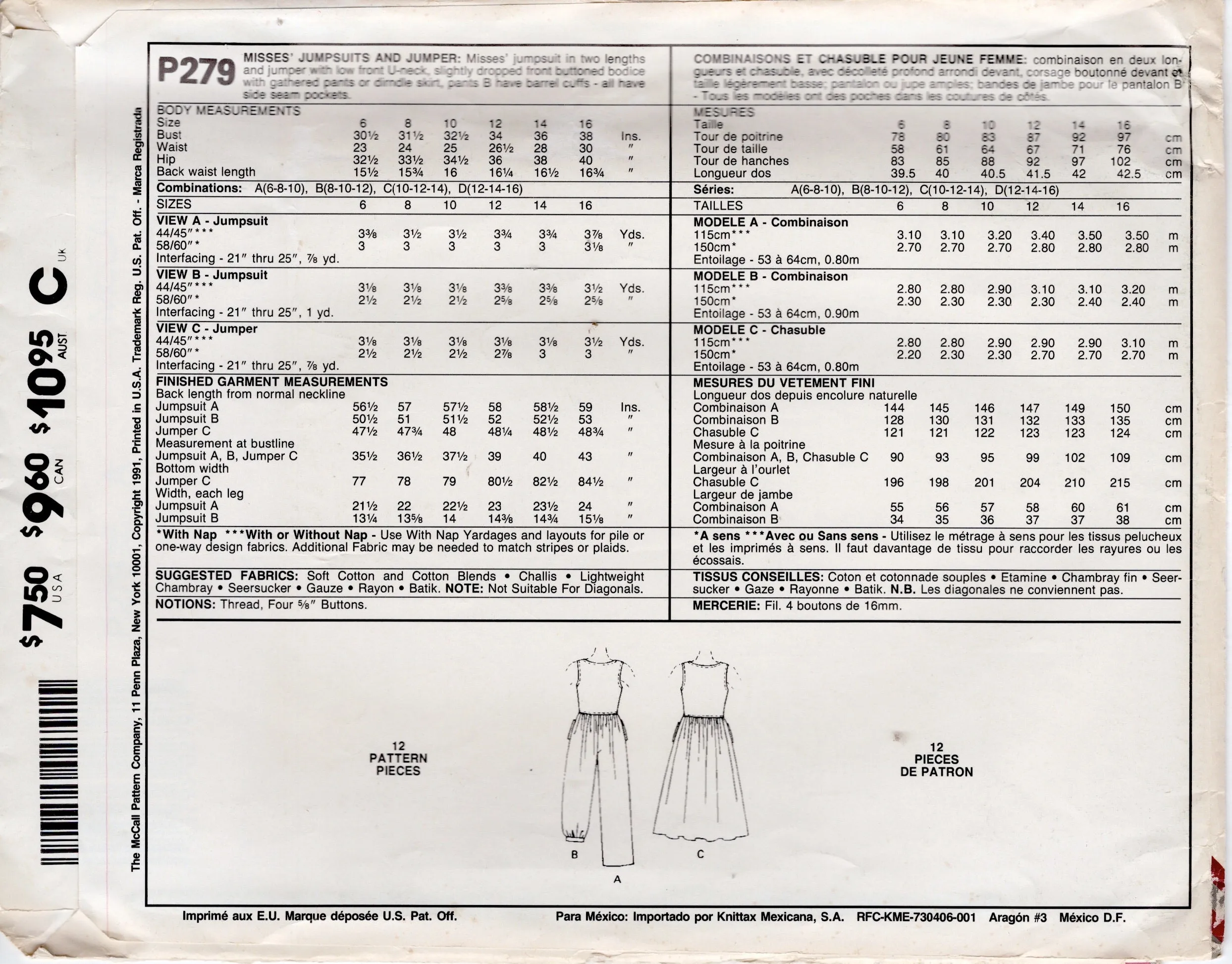 1990's McCall's Jumpsuit or Dress Pattern - Bust 30.5-32.5" - No. P279