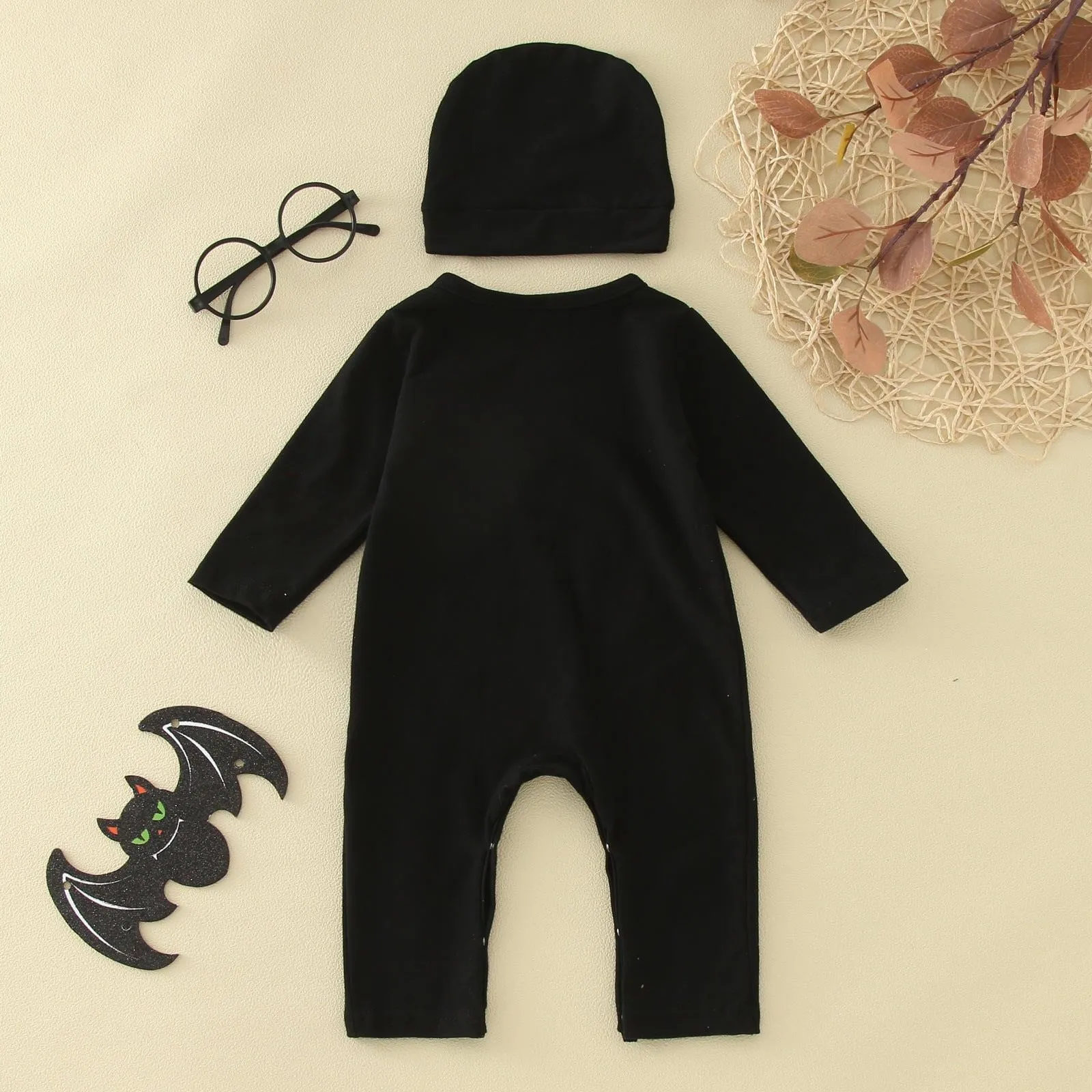 2PCS Halloween Baby Boy Long Sleeve Skeleton Print Jumpsuit with Hat