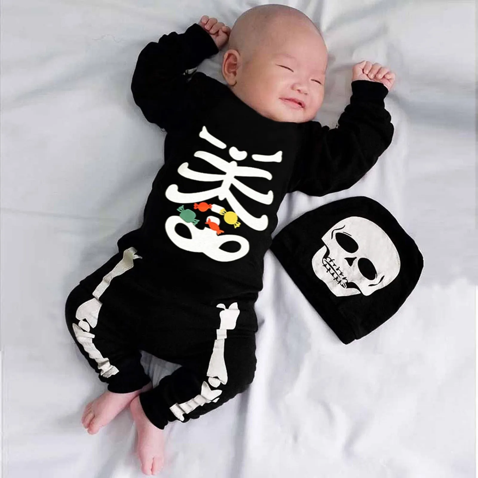 2PCS Halloween Baby Boy Long Sleeve Skeleton Print Jumpsuit with Hat