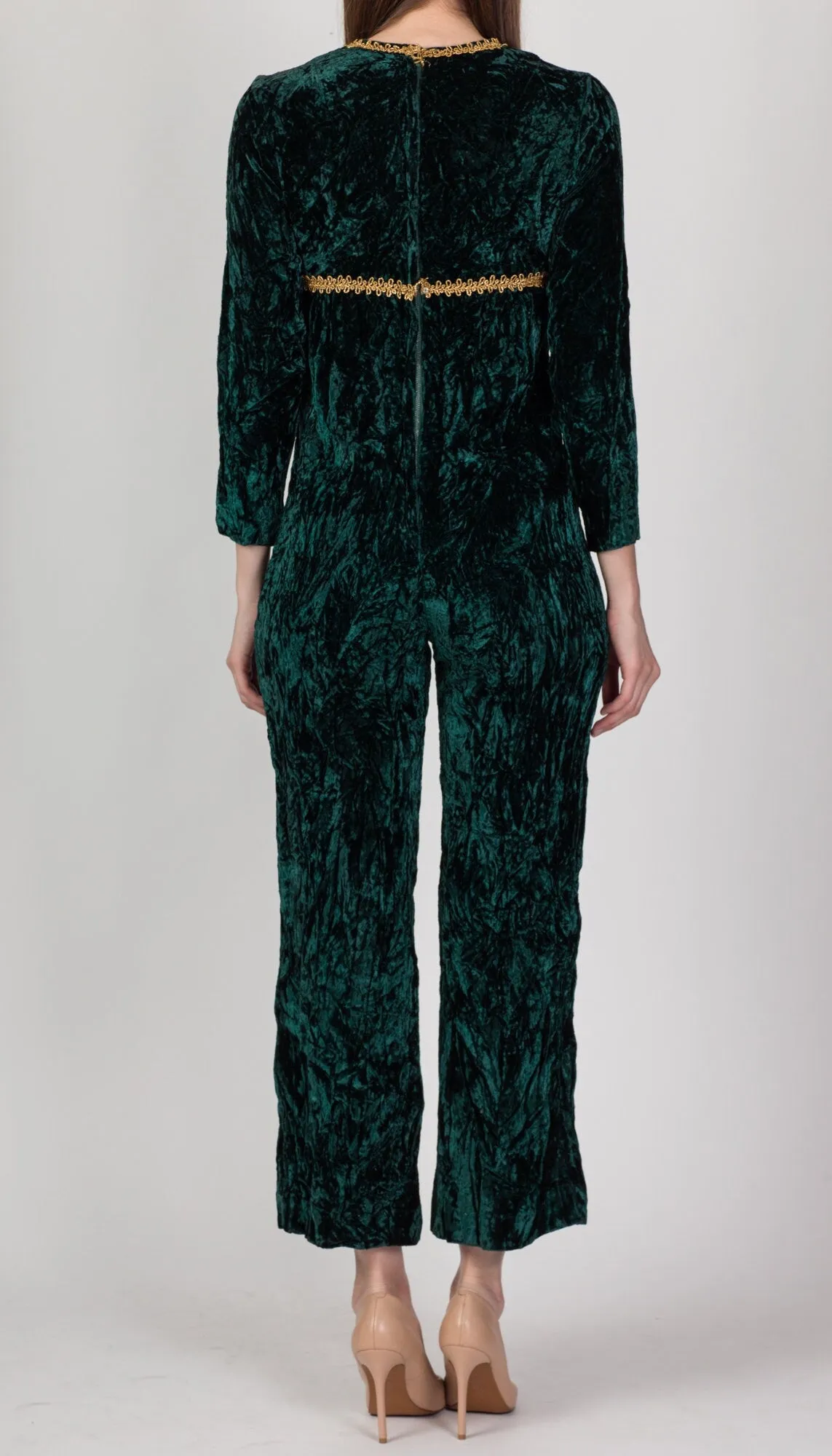 60s Green & Gold Crushed Velvet Jumpsuit - Petite Small