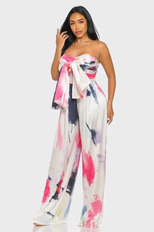 Abstract Elegance White/Pink Printed Wide Leg Jumpsuit