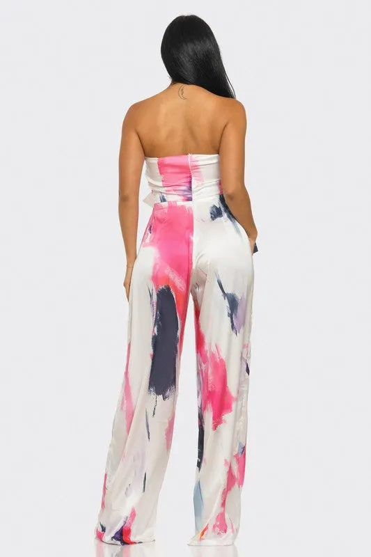 Abstract Elegance White/Pink Printed Wide Leg Jumpsuit