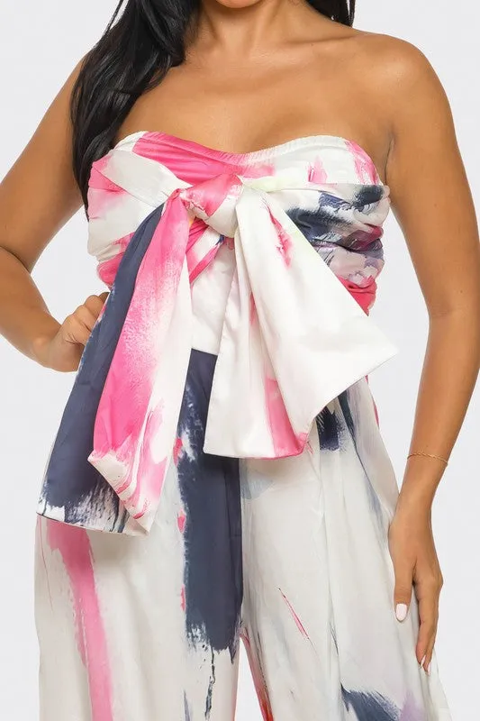 Abstract Elegance White/Pink Printed Wide Leg Jumpsuit