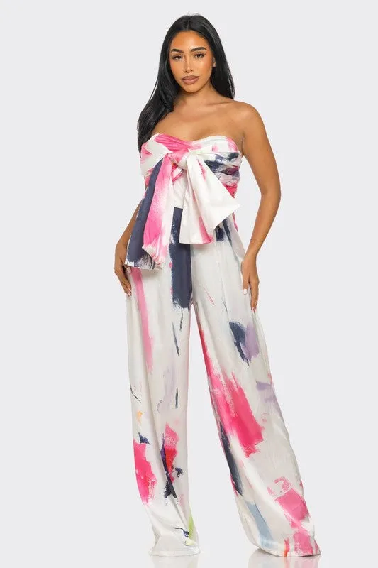 Abstract Elegance White/Pink Printed Wide Leg Jumpsuit