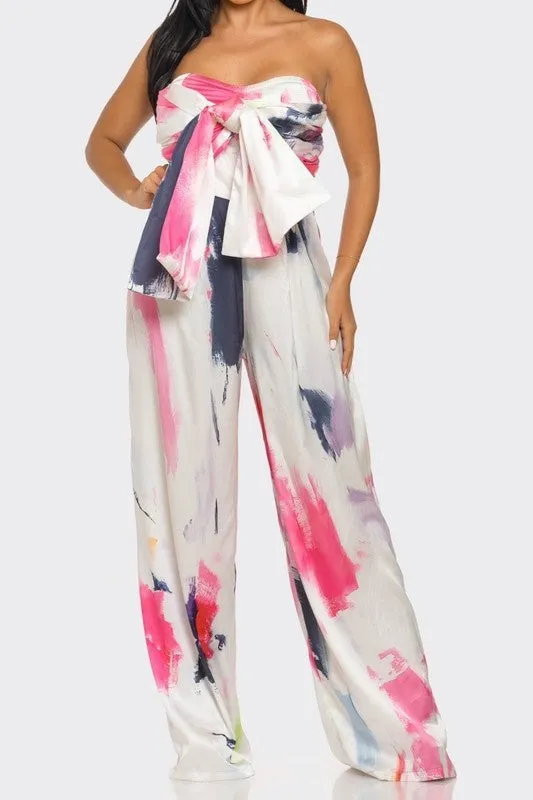 Abstract Elegance White/Pink Printed Wide Leg Jumpsuit