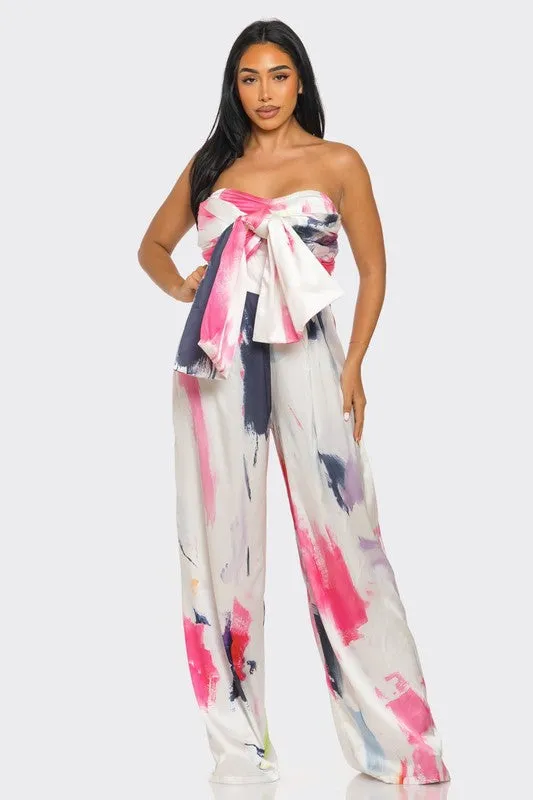 Abstract Elegance White/Pink Printed Wide Leg Jumpsuit