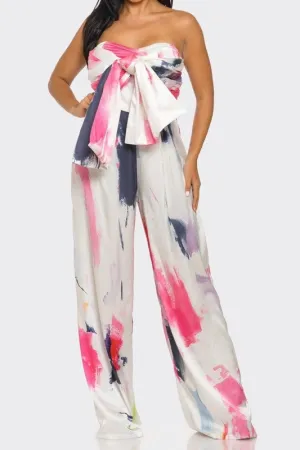 Abstract Elegance White/Pink Printed Wide Leg Jumpsuit