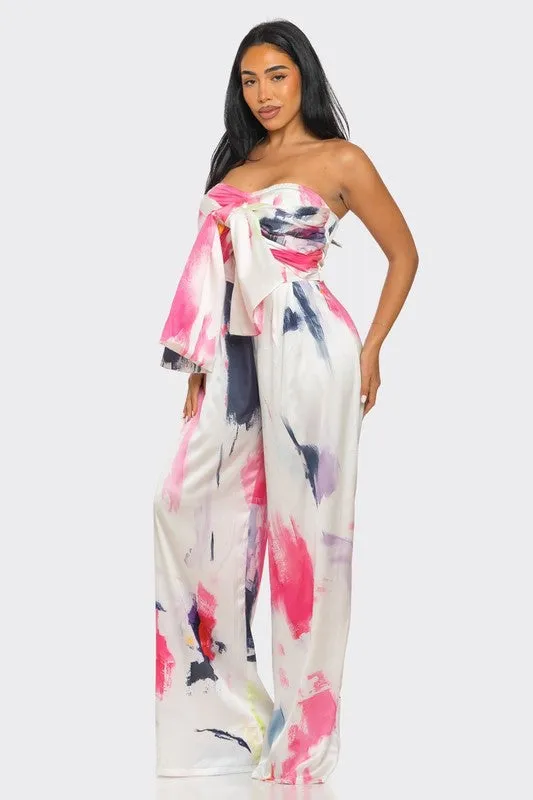 Abstract Elegance White/Pink Printed Wide Leg Jumpsuit