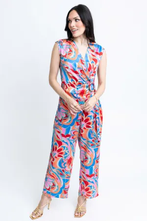 Abstract Satin Wrap Jumpsuit