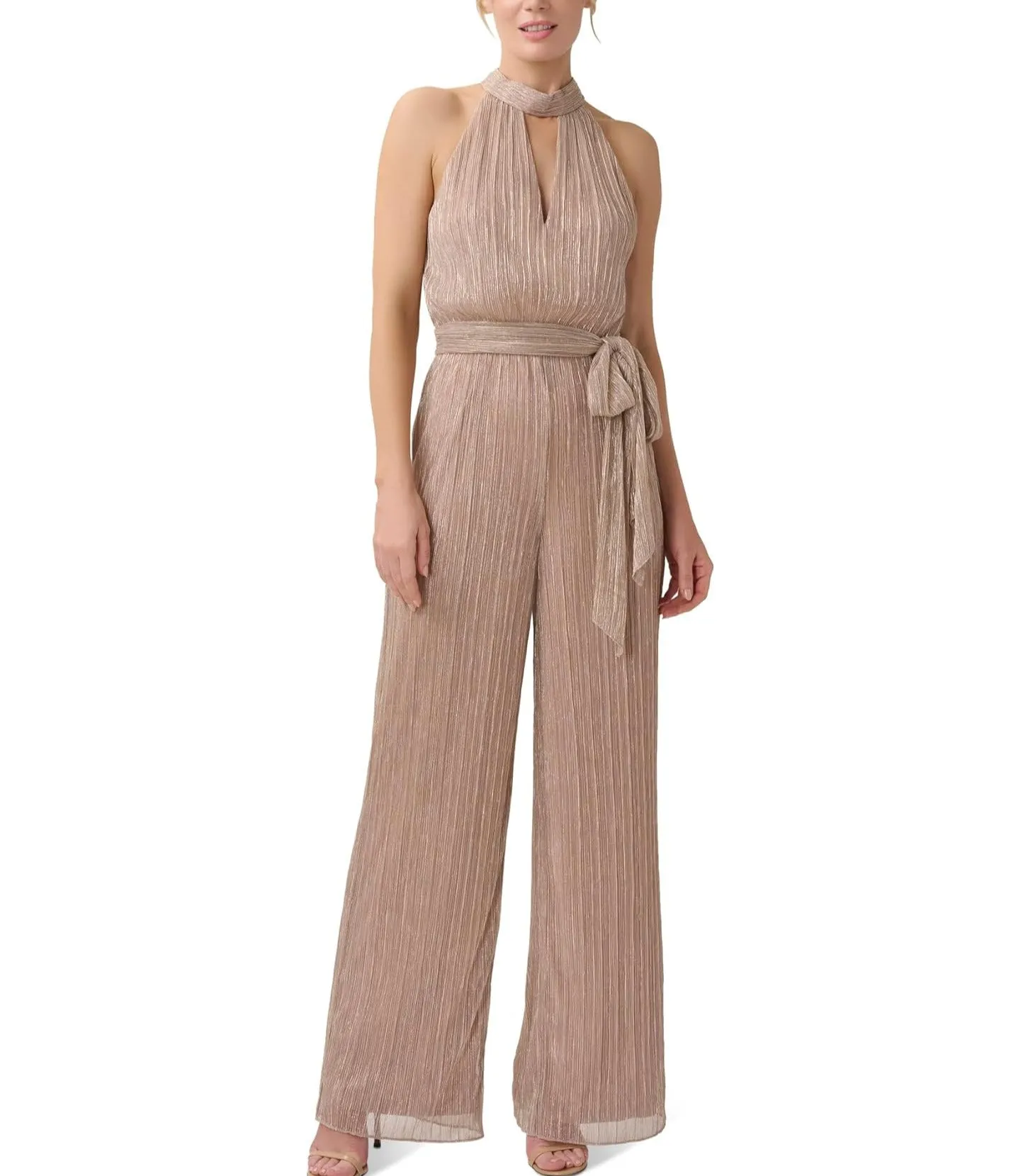 Adrianna Papell Crinkle Metallic Halter Neck Blouson Jumpsuit