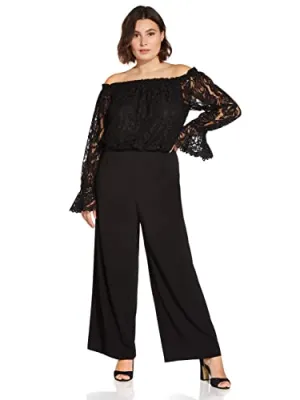 Adrianna Papell Women's Knit Crepe Wide Leg Jumpsuit with Off the Shoulder Lace Top, Black, 24