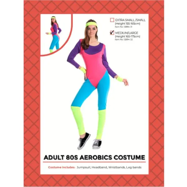 Adults 80s Aerobics Retro Jumpsuit Costume - M/L