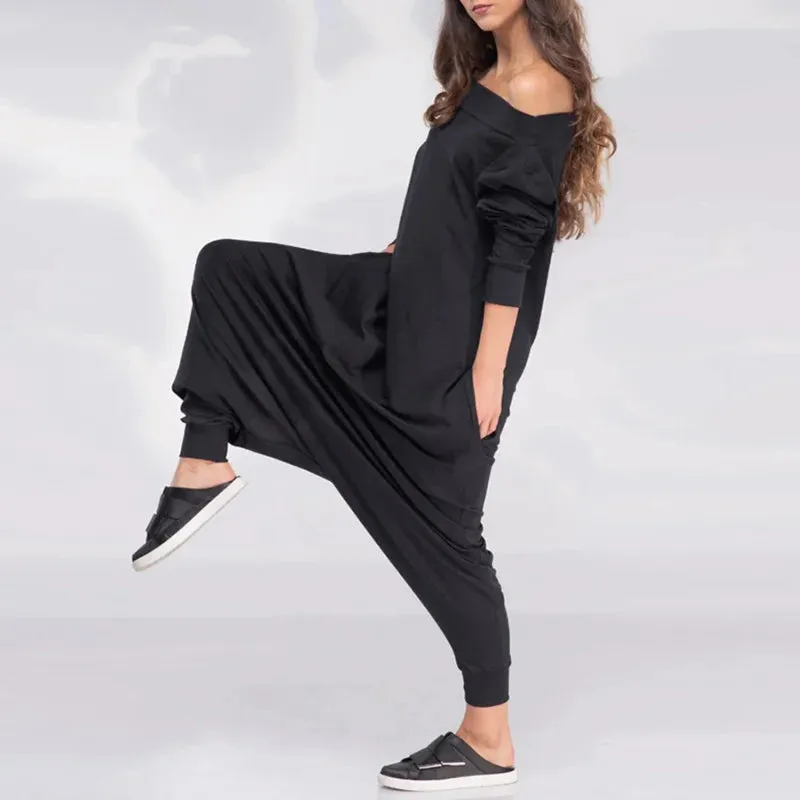 Advbridge Adult Female Spring Summer Solid Color Loose Jumpsuit Off-the-shoulder Long Sleeves Casual Jump Suit Harem Pants