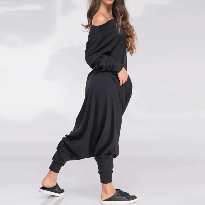 Advbridge Adult Female Spring Summer Solid Color Loose Jumpsuit Off-the-shoulder Long Sleeves Casual Jump Suit Harem Pants