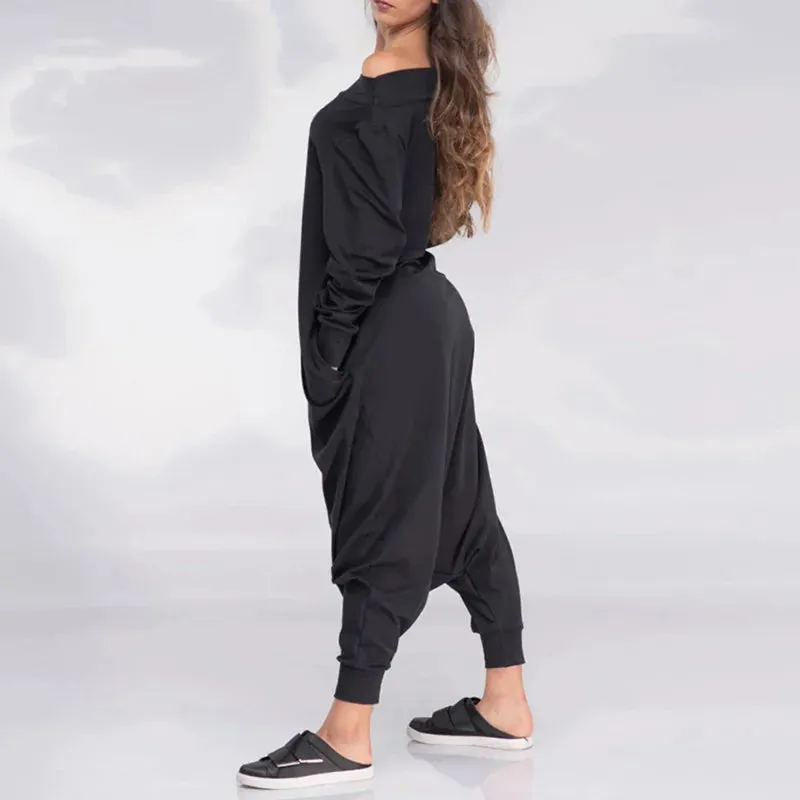 Advbridge Adult Female Spring Summer Solid Color Loose Jumpsuit Off-the-shoulder Long Sleeves Casual Jump Suit Harem Pants