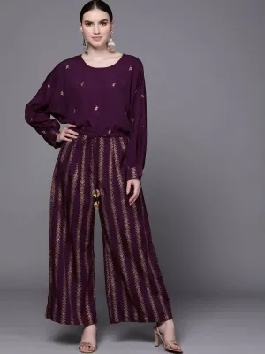 Ahalyaa Purple & Golden Printed Basic Jumpsuit