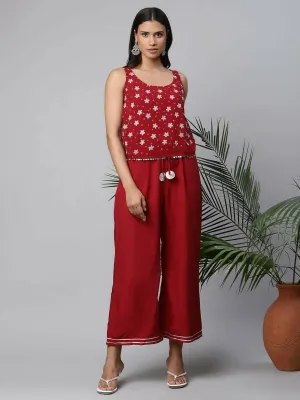 Ahalyaa Womens Maroon Chiffon Printed Jumpsuit