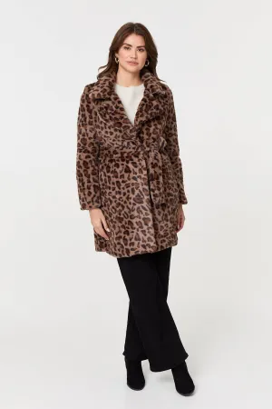 Animal Print Faux Fur Tie Waist Jacket