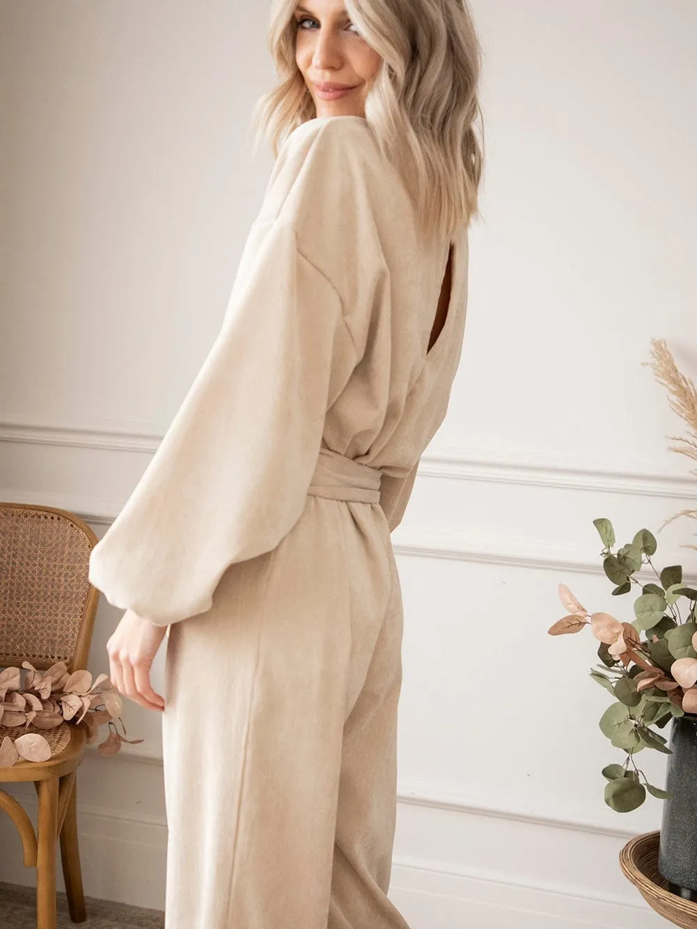 Apricot Corduroy Wide Leg Jumpsuit with Keyhole Back