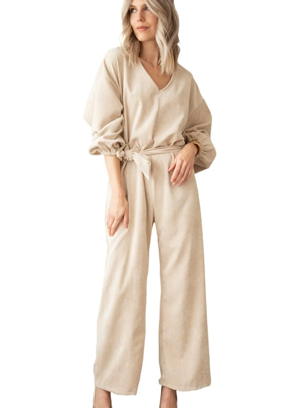 Apricot Corduroy Wide Leg Jumpsuit with Keyhole Back