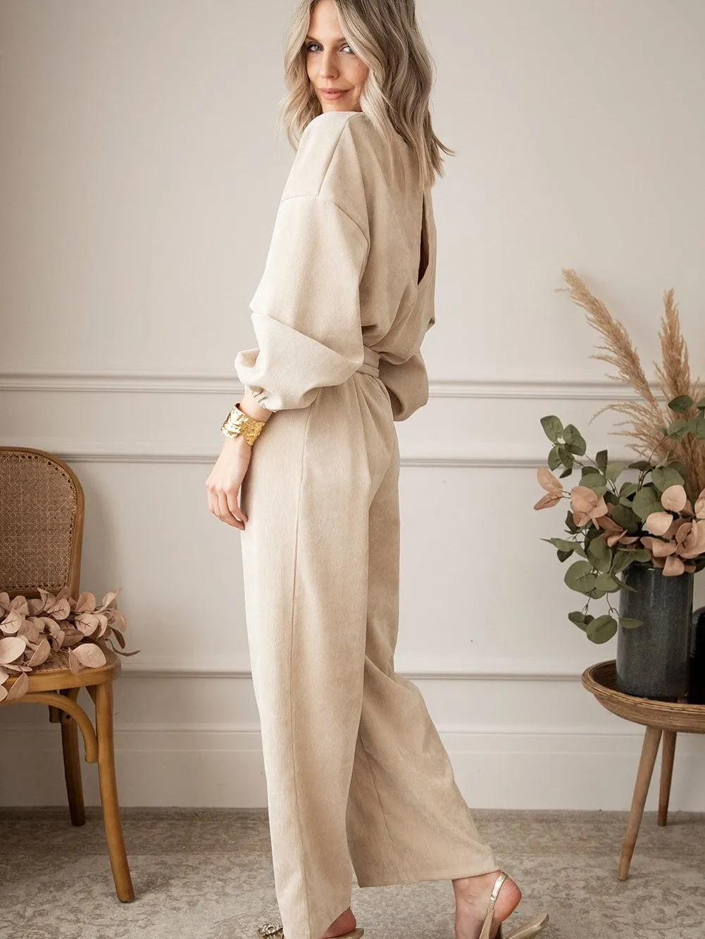 Apricot Corduroy Wide Leg Jumpsuit with Keyhole Back