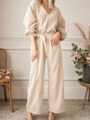 Apricot Corduroy Wide Leg Jumpsuit with Keyhole Back