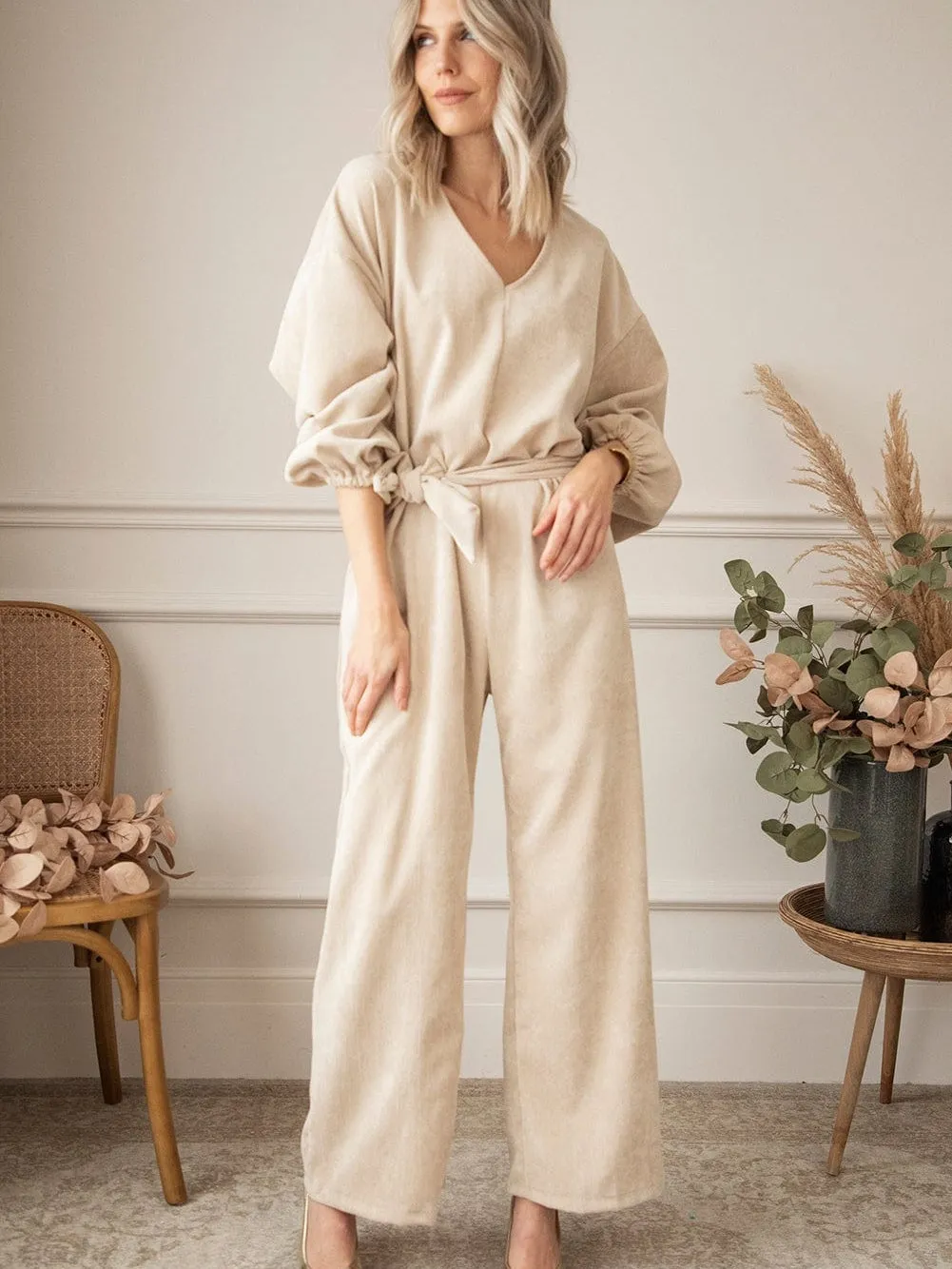 Apricot Corduroy Wide Leg Jumpsuit with Keyhole Back