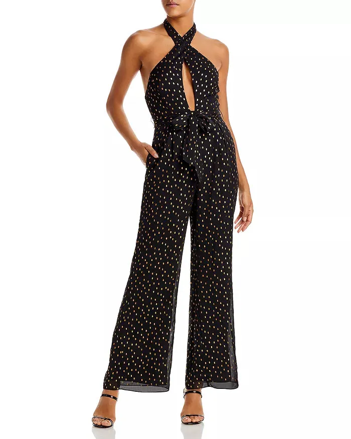 AQUA Metallic Clip Dot Halter Jumpsuit