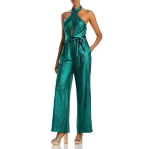 AQUA Metallic Lamé Halter Jumpsuit