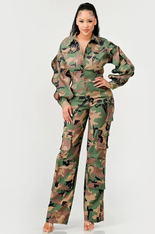 ATHINA Cargo CAMO Ruffle Sleeve Jumpsuit with Side Waist Elastic