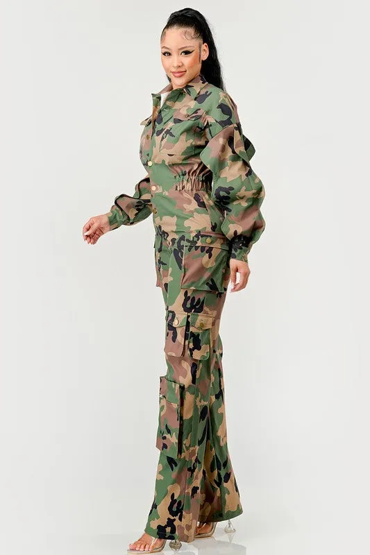 ATHINA Cargo CAMO Ruffle Sleeve Jumpsuit with Side Waist Elastic