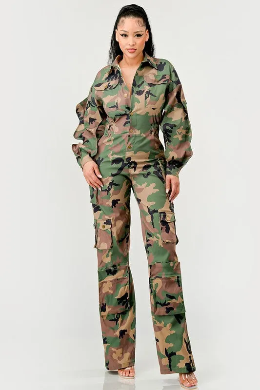 ATHINA Cargo CAMO Ruffle Sleeve Jumpsuit with Side Waist Elastic