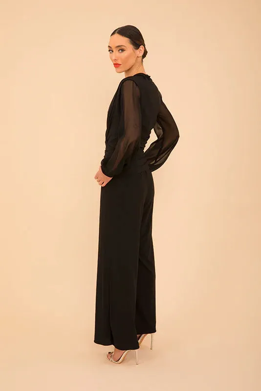 ATOM LABEL Uranium jumpsuit in black with chiffon sleeve