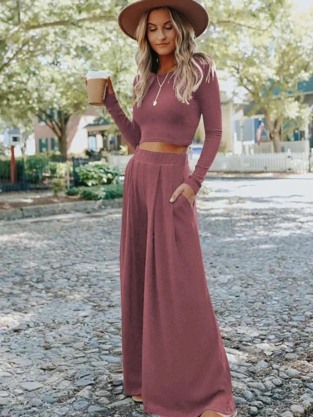 Autumnal Knit Two-Piece: Long Sleeve Top and Wide Leg Pants