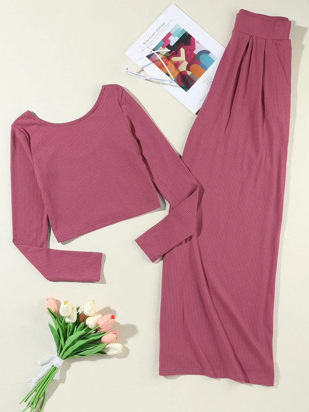 Autumnal Knit Two-Piece: Long Sleeve Top and Wide Leg Pants