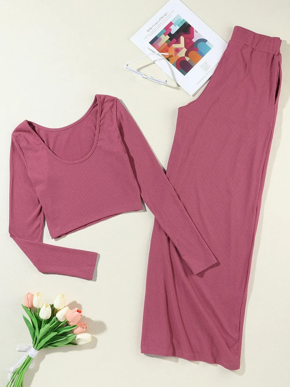 Autumnal Knit Two-Piece: Long Sleeve Top and Wide Leg Pants