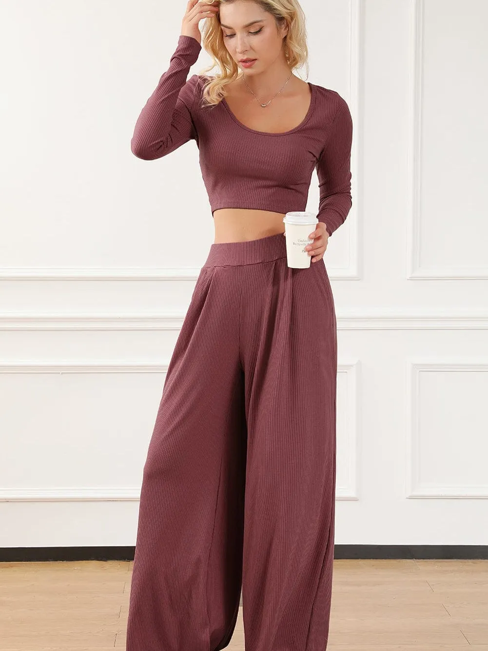 Autumnal Knit Two-Piece: Long Sleeve Top and Wide Leg Pants