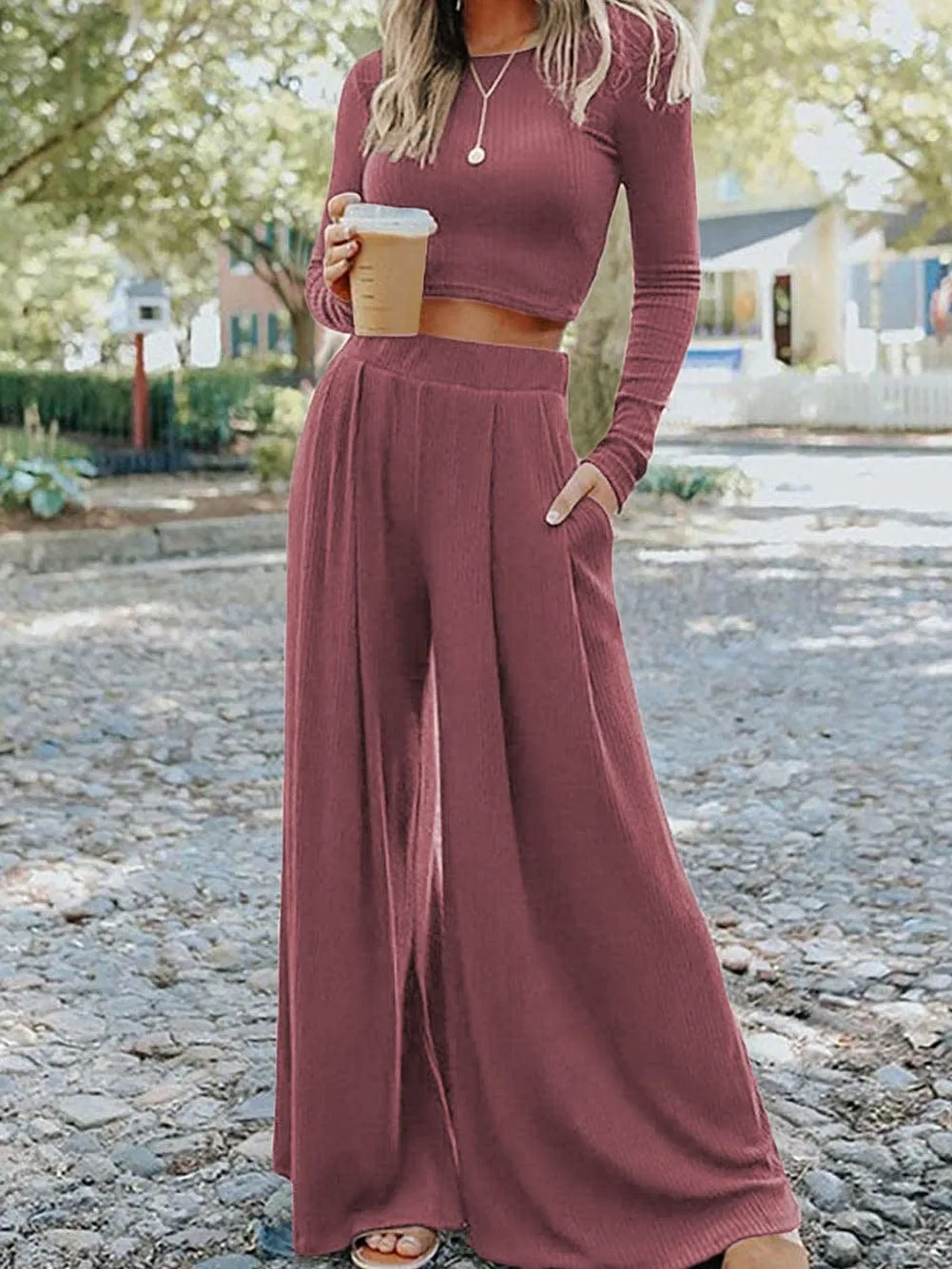 Autumnal Knit Two-Piece: Long Sleeve Top and Wide Leg Pants