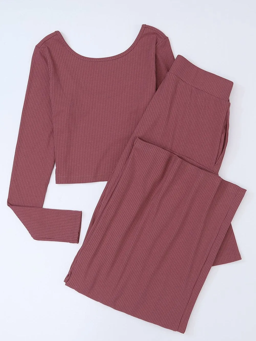 Autumnal Knit Two-Piece: Long Sleeve Top and Wide Leg Pants