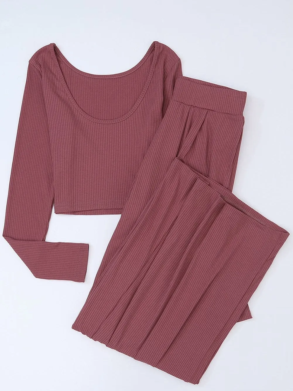 Autumnal Knit Two-Piece: Long Sleeve Top and Wide Leg Pants