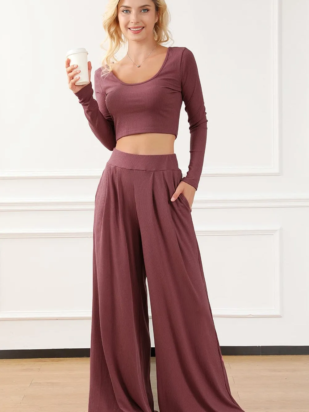 Autumnal Knit Two-Piece: Long Sleeve Top and Wide Leg Pants